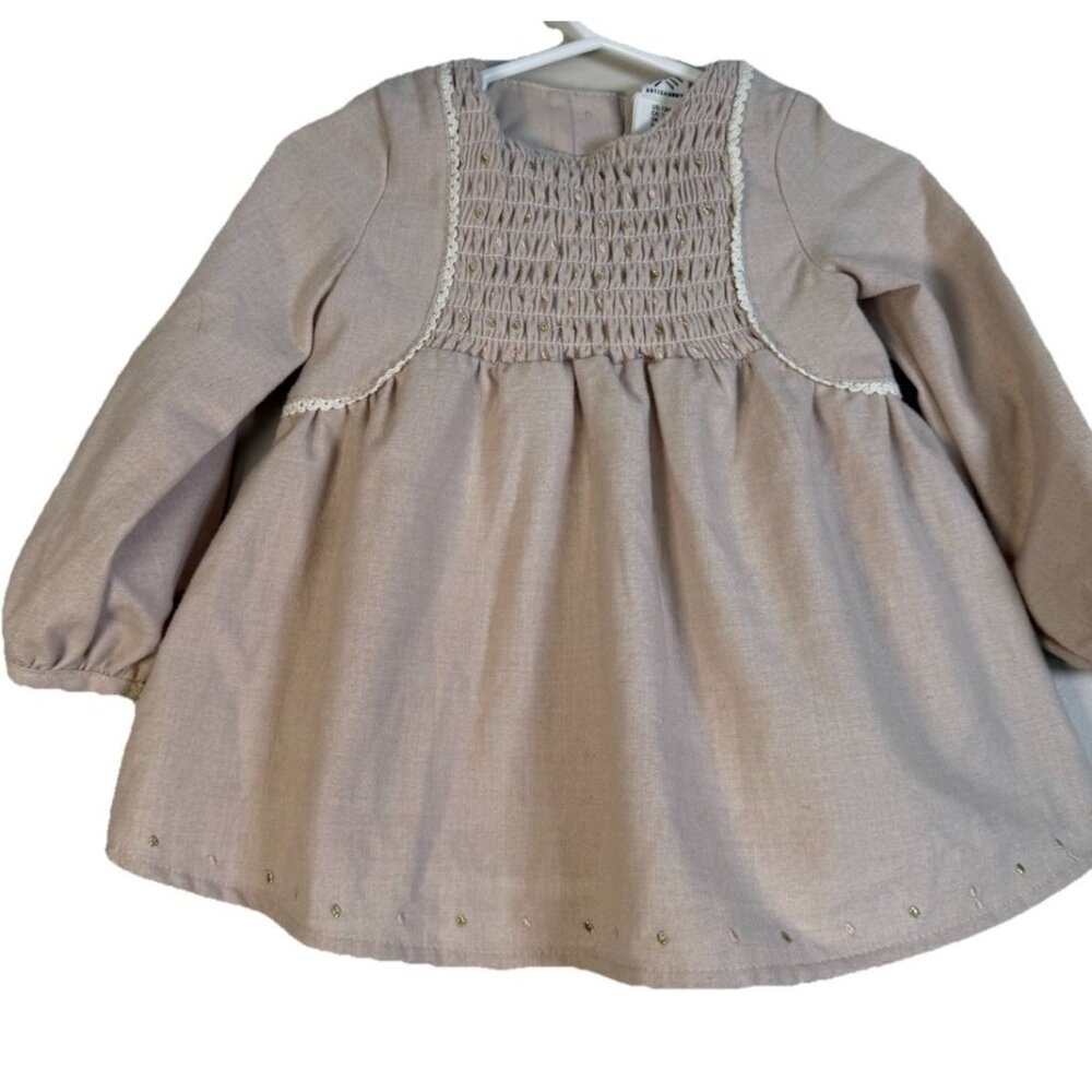 Artisan NY Dress long Sleeve Beige Smocked Baby Dress Polka Dot Detail 12 Months
